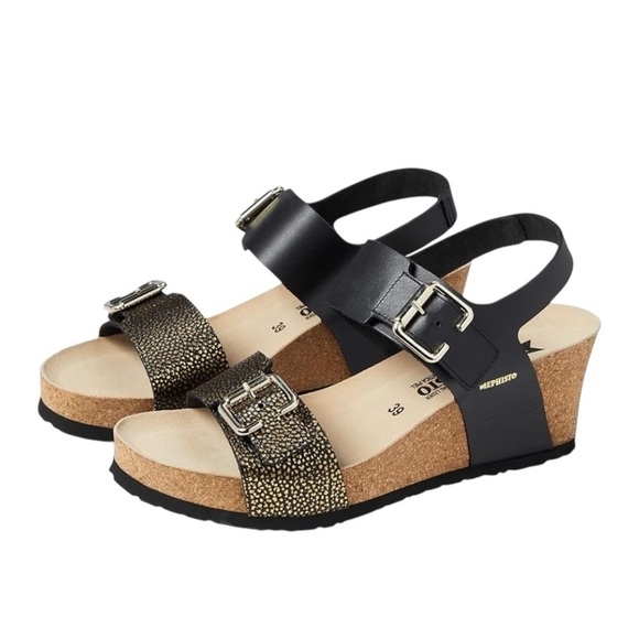 Mephisto Lissandra Black Leather Wedge Comfort Sandal Women's sizes 39/8.5-9